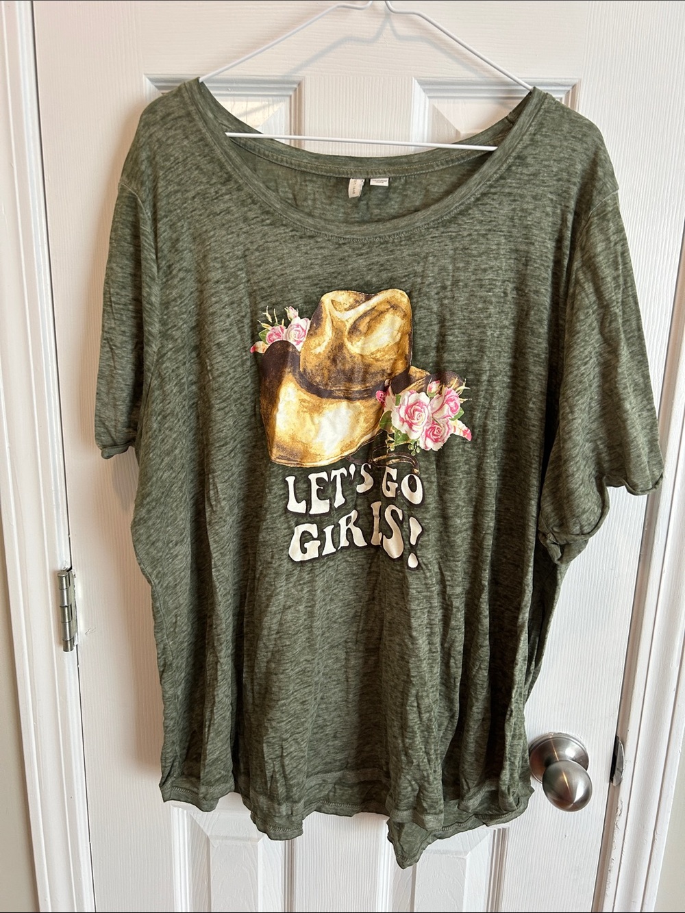 Cato Olive Green Short Sleeve Tee with Graphic Cowgirl Hat and Floral Accents